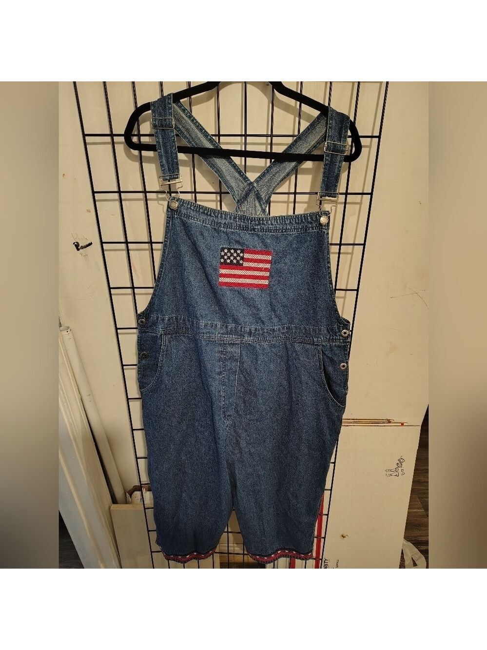 Vintage Agapo Flag USA Patriotic Denim Cropped Jean Overalls